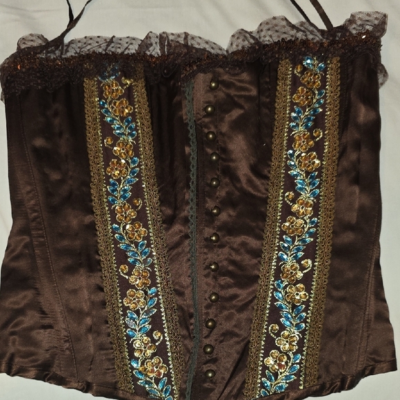 Ice Brown Corset with Blue and Gold Floral Design - Picture 3 of 8